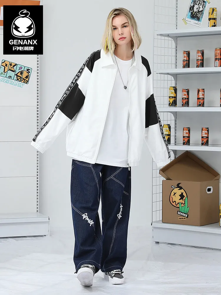 Black And White Contrast Print Lapel Raglan Sleeve Jacket
