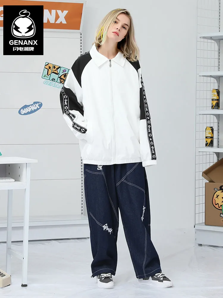 Black And White Contrast Print Lapel Raglan Sleeve Jacket
