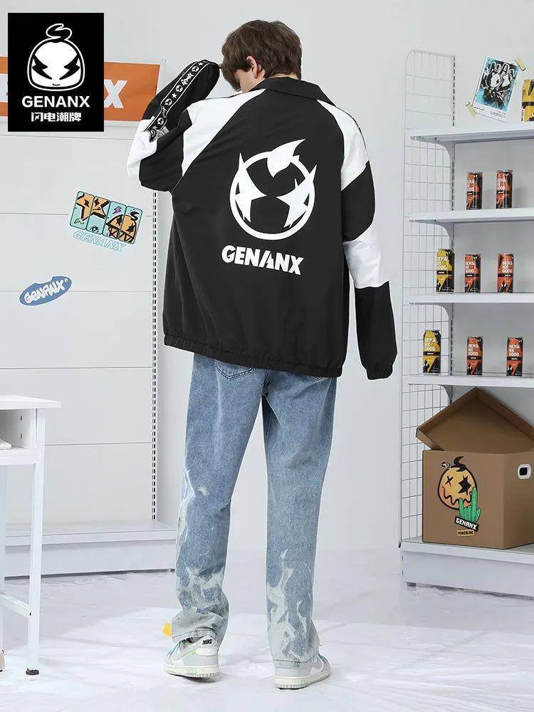 Black And White Contrast Print Lapel Raglan Sleeve Jacket