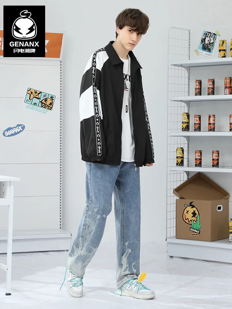 Black And White Contrast Print Lapel Raglan Sleeve Jacket