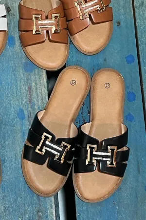 BLACK TRIM DETAIL DESIGNER INSPIRED SLIP ON SUMMER SLIDES HOLIDAY SANDALS