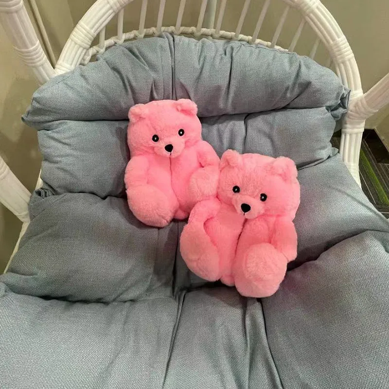 Cute Furry Winter Warm Faux Fur Big Cartoon Teddy Bear Shoes for Kids and Adults