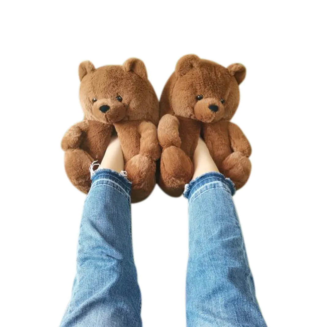 Cute Furry Winter Warm Faux Fur Big Cartoon Teddy Bear Shoes for Kids and Adults
