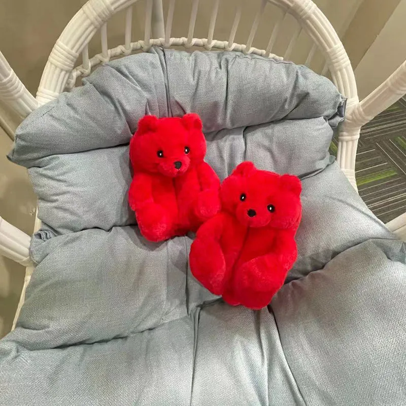 Cute Furry Winter Warm Faux Fur Big Cartoon Teddy Bear Shoes for Kids and Adults