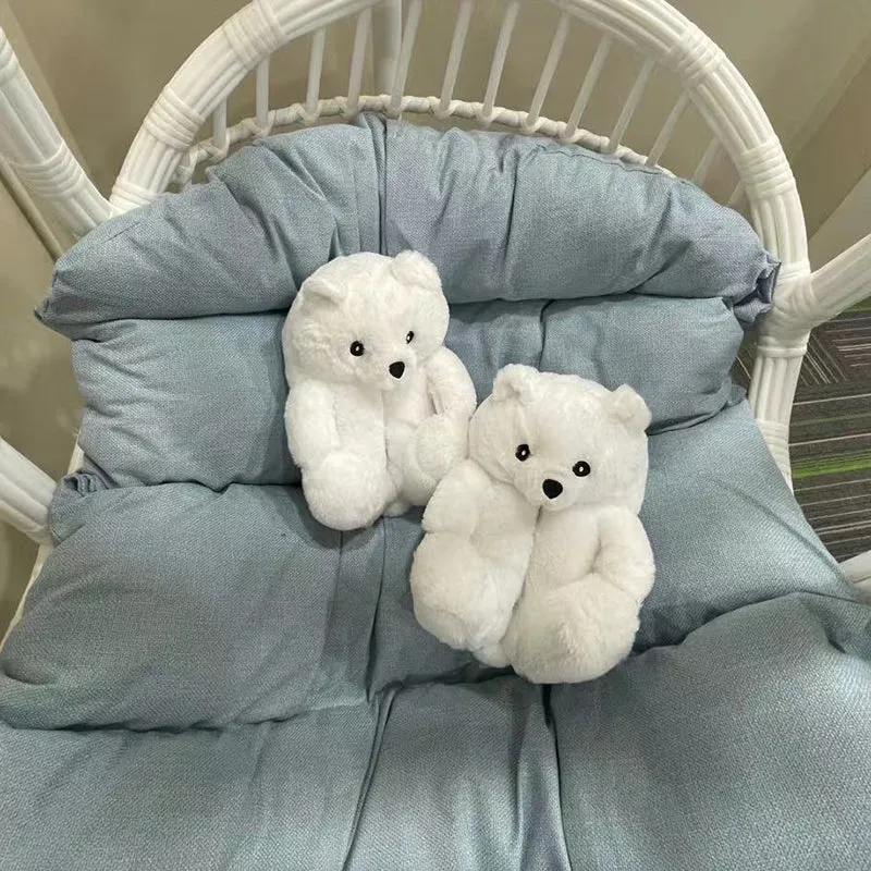 Cute Furry Winter Warm Faux Fur Big Cartoon Teddy Bear Shoes for Kids and Adults