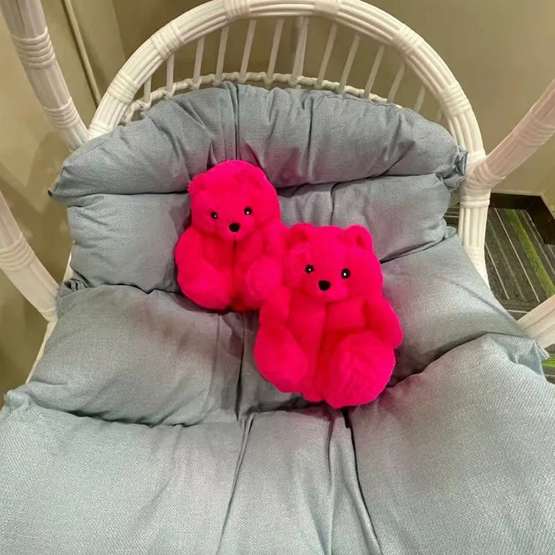 Cute Furry Winter Warm Faux Fur Big Cartoon Teddy Bear Shoes for Kids and Adults
