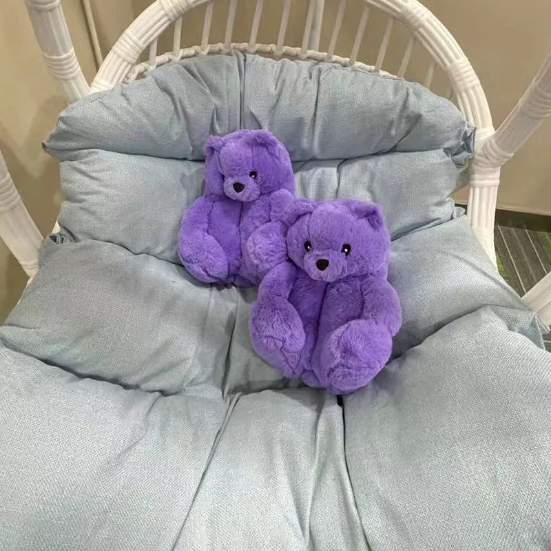 Cute Furry Winter Warm Faux Fur Big Cartoon Teddy Bear Shoes for Kids and Adults