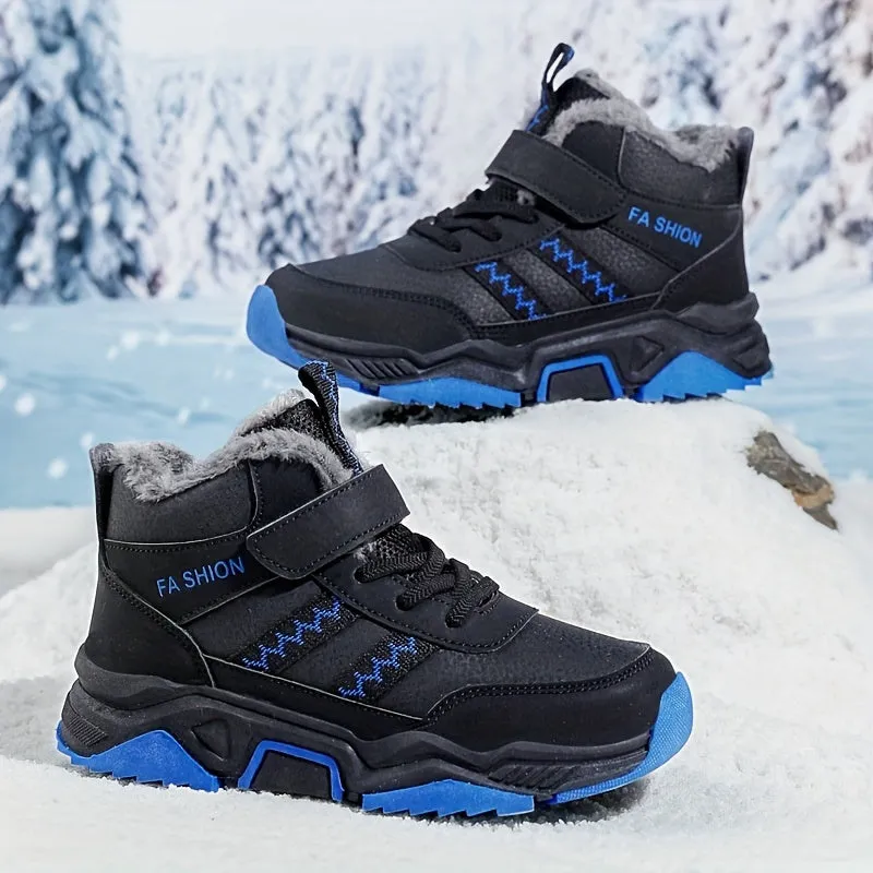 Kids Mid-Top Winter Snow Boots with Striped Hook & Loop Closure, Warm Lined PU Upper, TPR Sole, and Stylish Sewing Thread Design - Perfect for Fall/Winter.