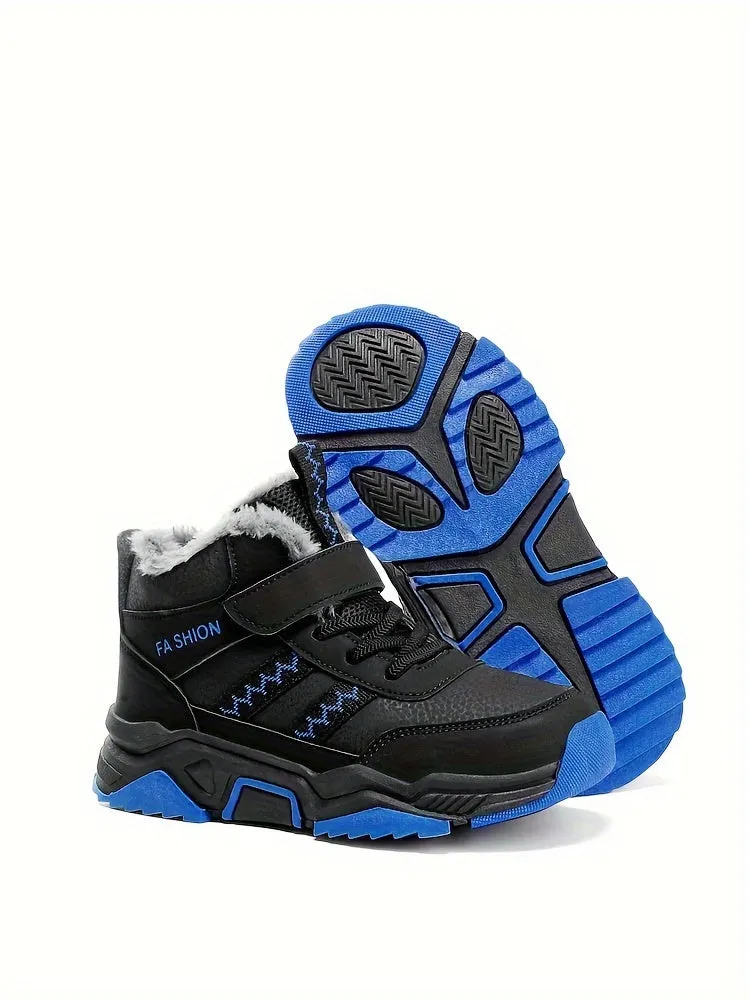 Kids Mid-Top Winter Snow Boots with Striped Hook & Loop Closure, Warm Lined PU Upper, TPR Sole, and Stylish Sewing Thread Design - Perfect for Fall/Winter.