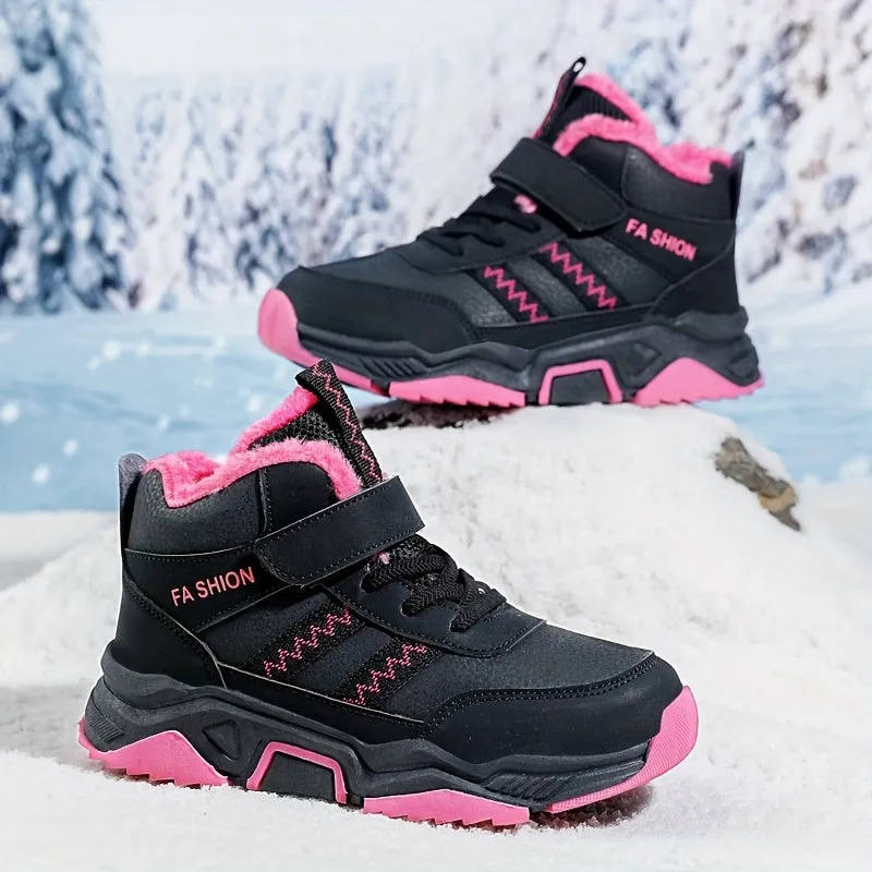 Kids Mid-Top Winter Snow Boots with Striped Hook & Loop Closure, Warm Lined PU Upper, TPR Sole, and Stylish Sewing Thread Design - Perfect for Fall/Winter.