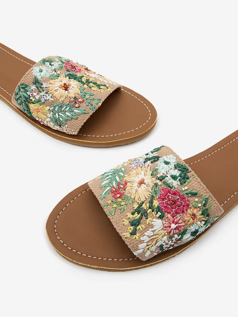 LUNA BLU Taupe Floral Embroidered Slides