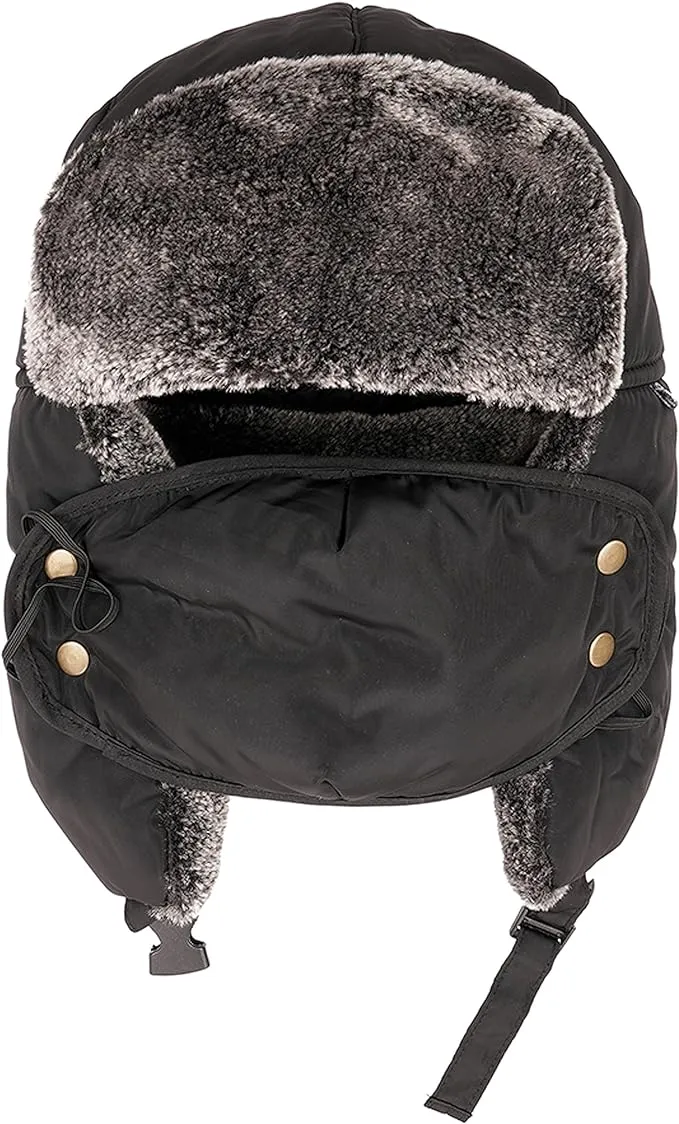 Men's 3 In 1 Waterproof Trapper Hat Face Mask Neck Warmer Ear Flaps Windproof Snowproof Winter Hat for Skiing Snowboarding Outdoor Faux Fur Lining Breathable Polyester One Size Black by Heatwave Thermalwear