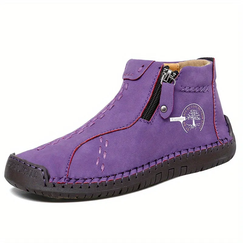 Women's Handmade Boots, Classic Stitching Ankle Boots, Outdoor Casual Zipper Shoes