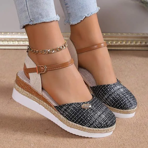 Women's Hemp Rope Sole One-Strap Wedge Sandals 67314689C