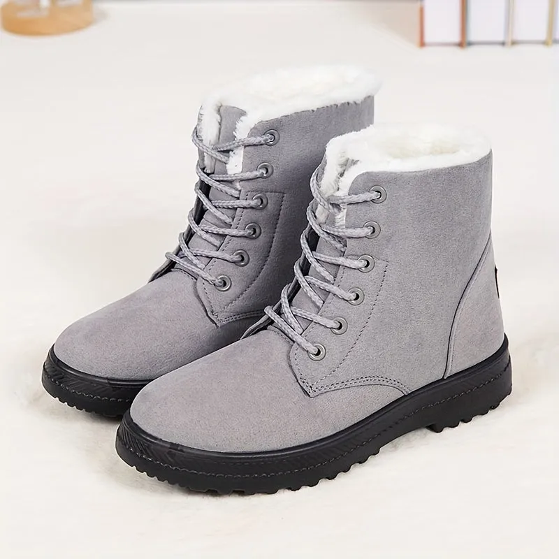 Women's Round Toe Lace Up Boots, Warm Faux Fur Lined Ankle Boots, Women's Footwear