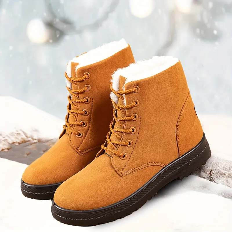 Women's Round Toe Lace Up Boots, Warm Faux Fur Lined Ankle Boots, Women's Footwear